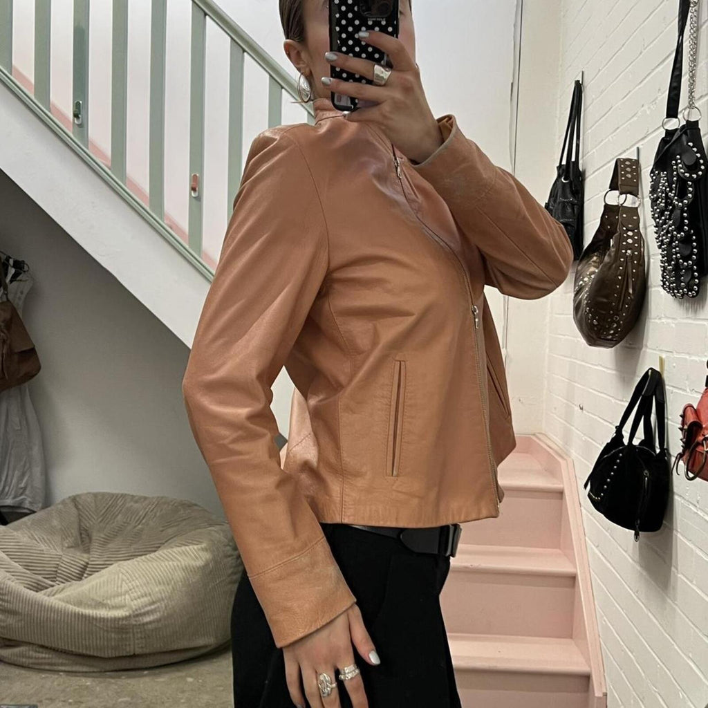 baby pink dusty pink zip up fitted vintage leather jacket with dual zip