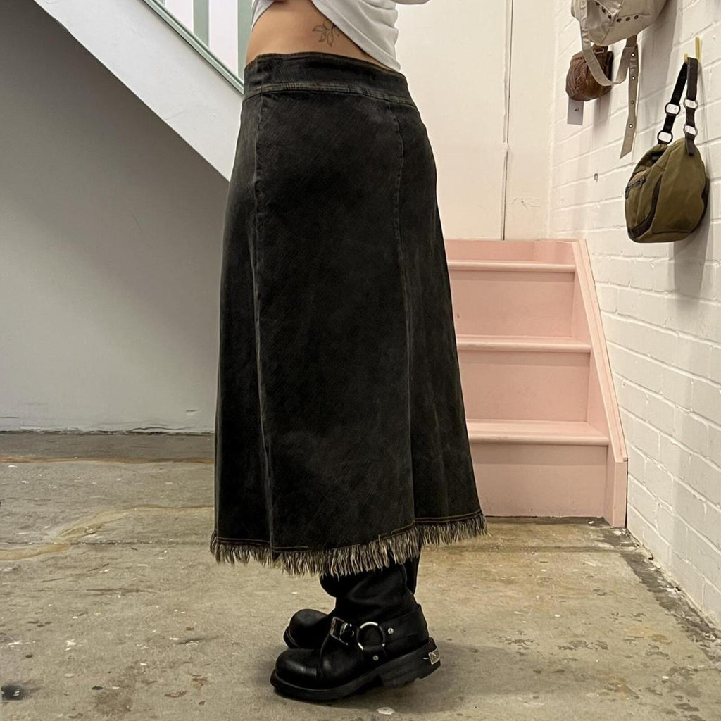 grey black denim low rise distressed maxi skirt