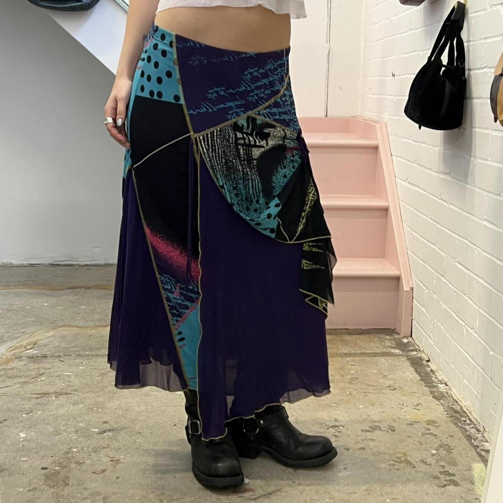 graphic print mesh layered utility style vintage asymmetrical maxi skirt