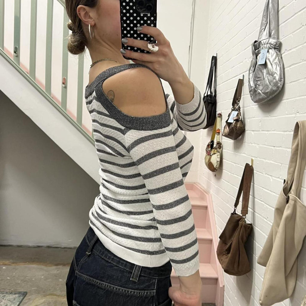 Morgan de Toi white and silver striped slouchy top with cut out shoulders