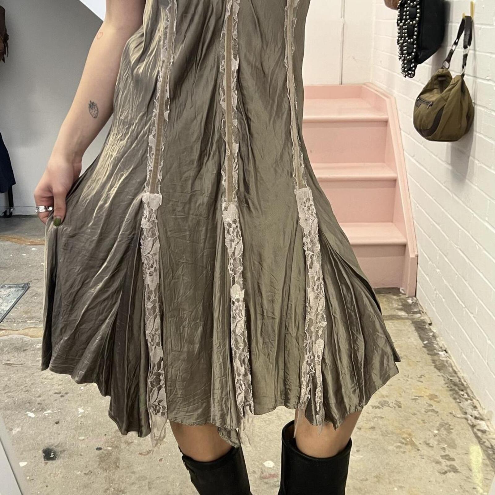 Grey satin floaty flared strappy midi slip dress with lace panels
