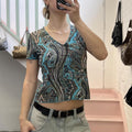 Blue and brown paisley printed v neck vintage baby tee