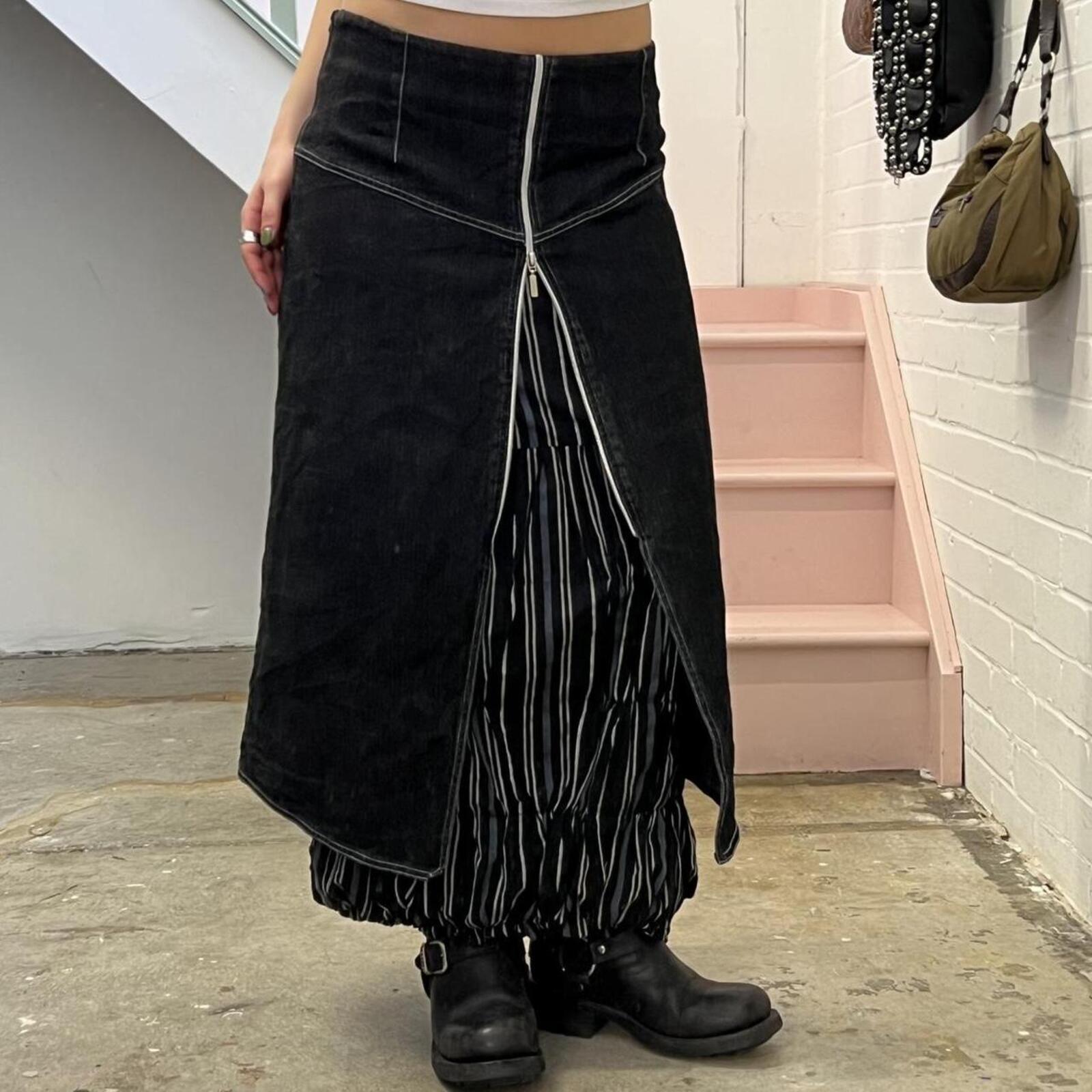 Black denim layered cargo maxi skirt with pinstripe layer and zip