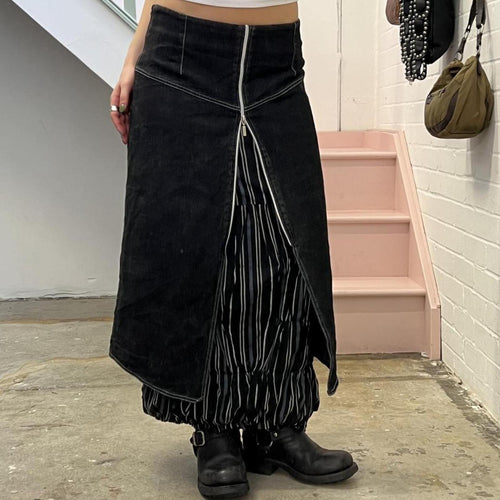 Black denim layered cargo maxi skirt with pinstripe layer and zip