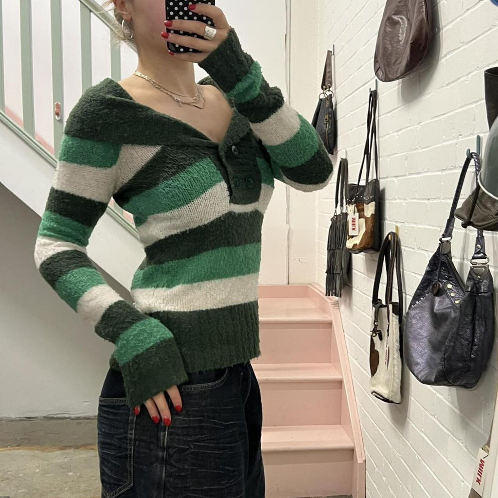 green and white off shoulder vintage striped sweater