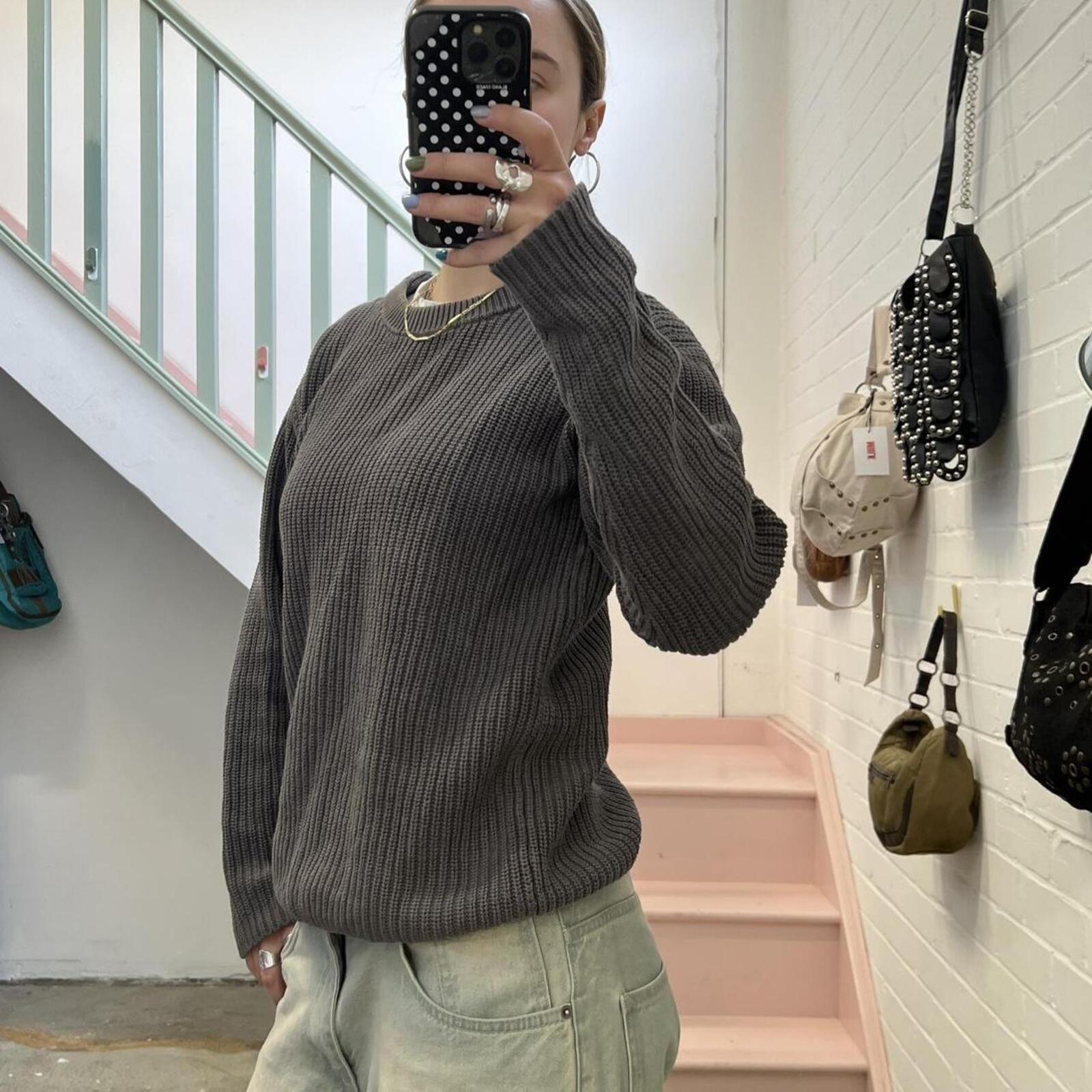 G-Star Raw utility style grey chunky knit crew neck vintage sweater with button detail