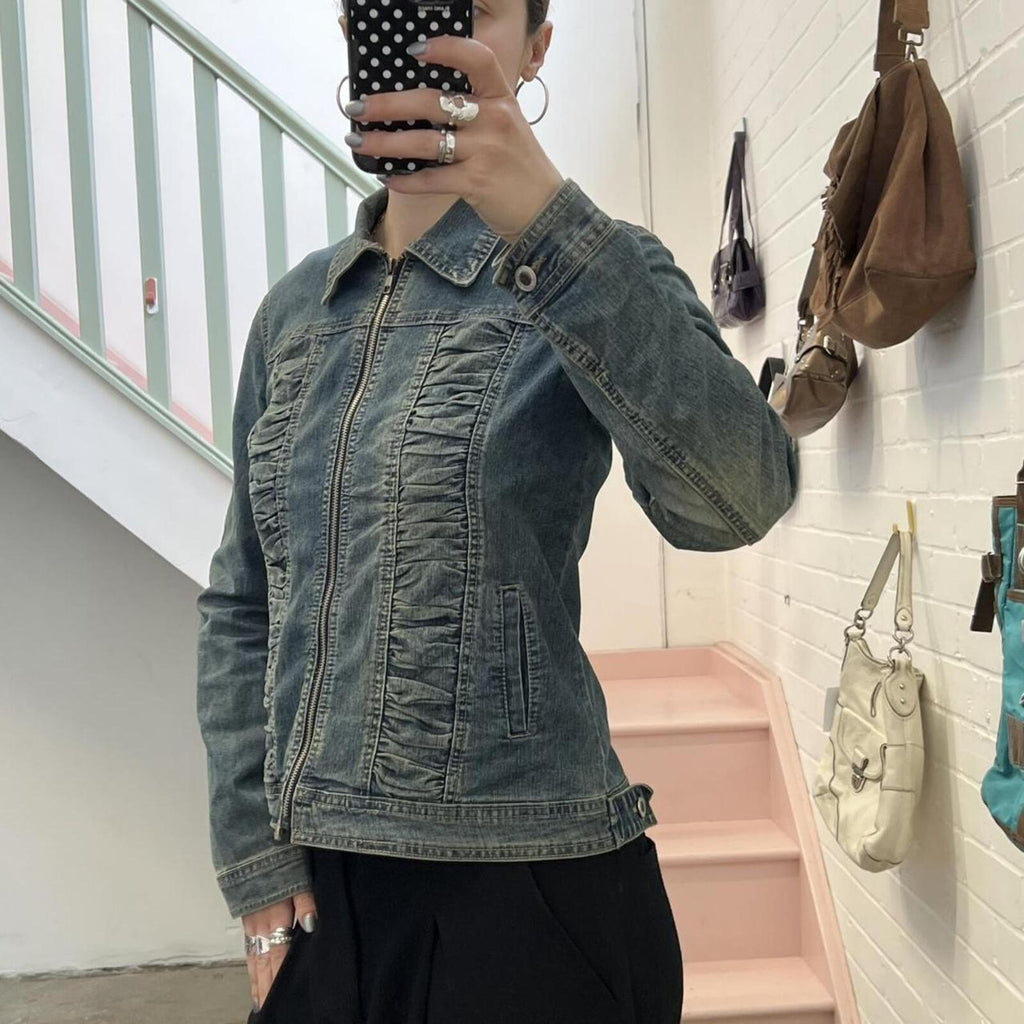 light wash vintage zip up denim jacket with ruching detail