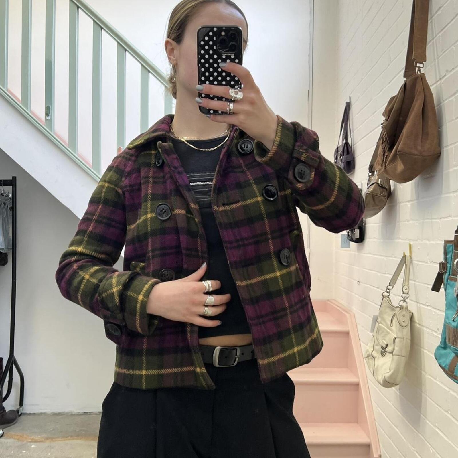 purple and green checkered gingham button up wool peacoat