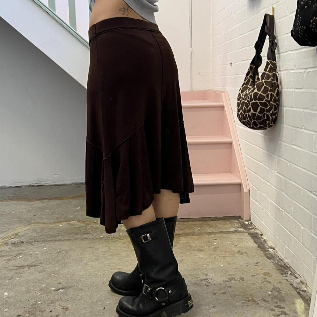 brown asymmetrical slinky floaty vintage midi skirt