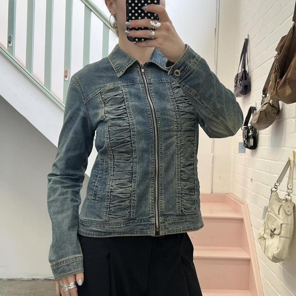 light wash vintage zip up denim jacket with ruching detail
