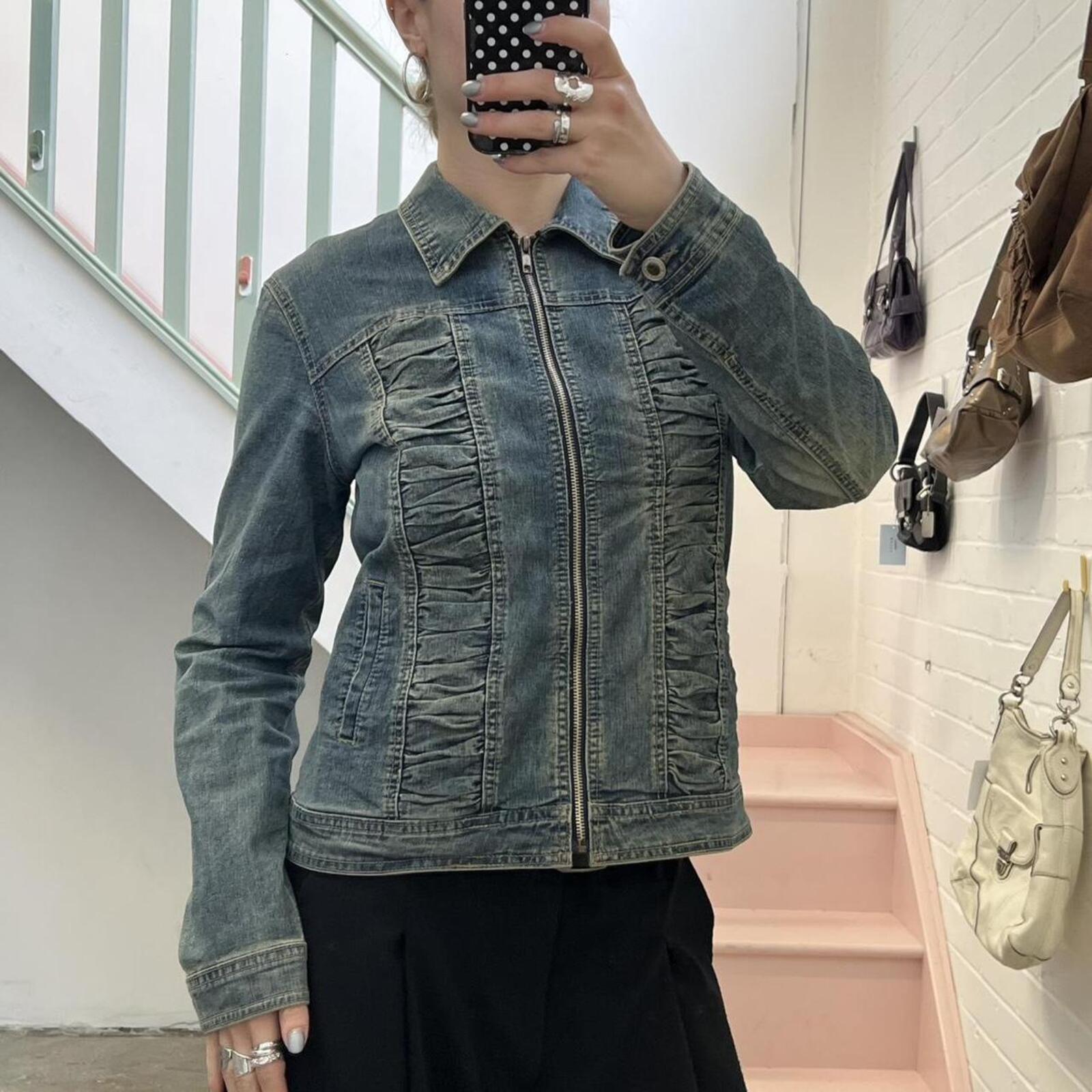 light wash vintage zip up denim jacket with ruching detail
