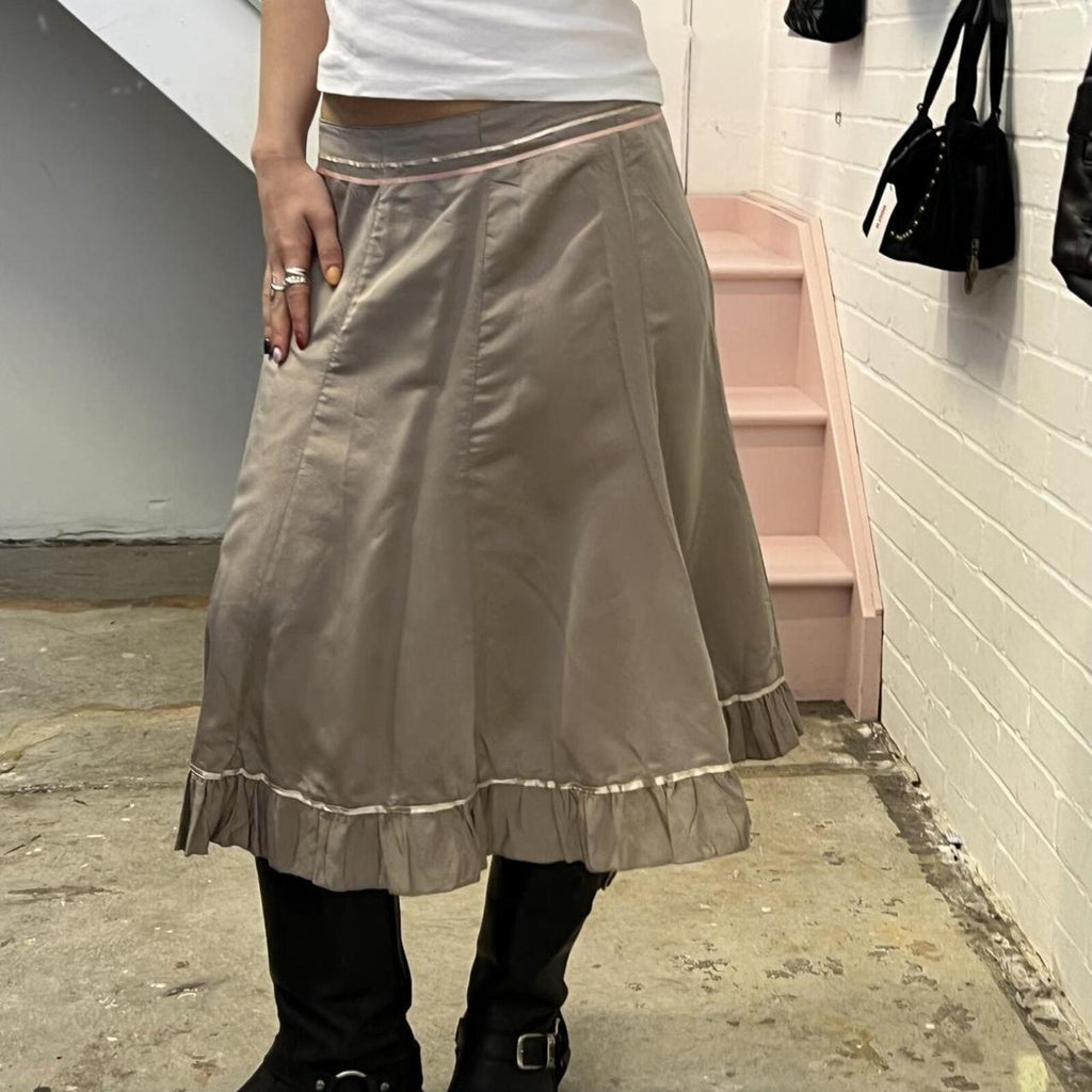 Cream beige satin floaty vintage midi skirt with stripe trim