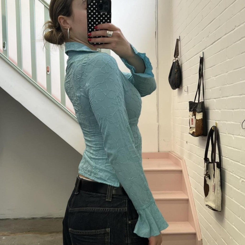 Turquoise blue fitted vintage embroidered shirt with ruffle detail