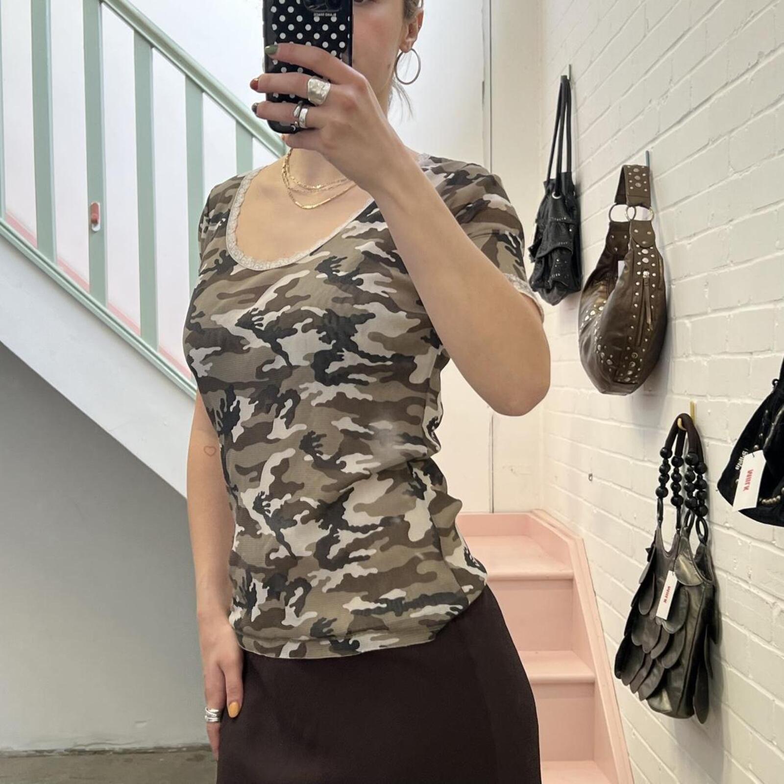 Khaki mesh camo print lace trim fitted vintage top