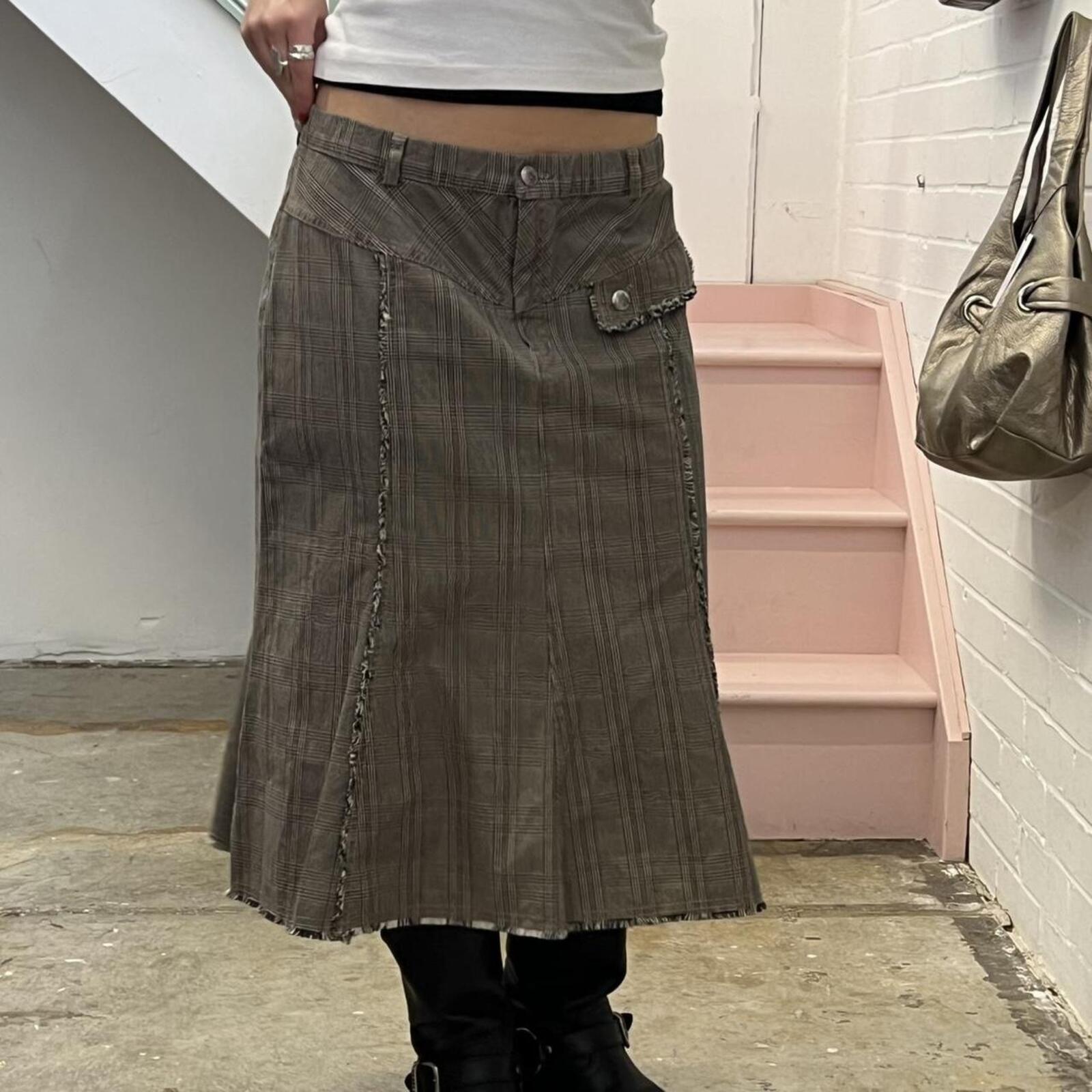 grey brown checkered vintage tailored maxi skirt with distressed hem