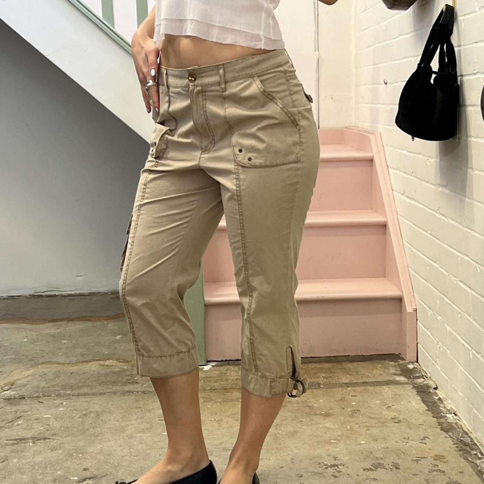 cream fitted cargo capris with buckles