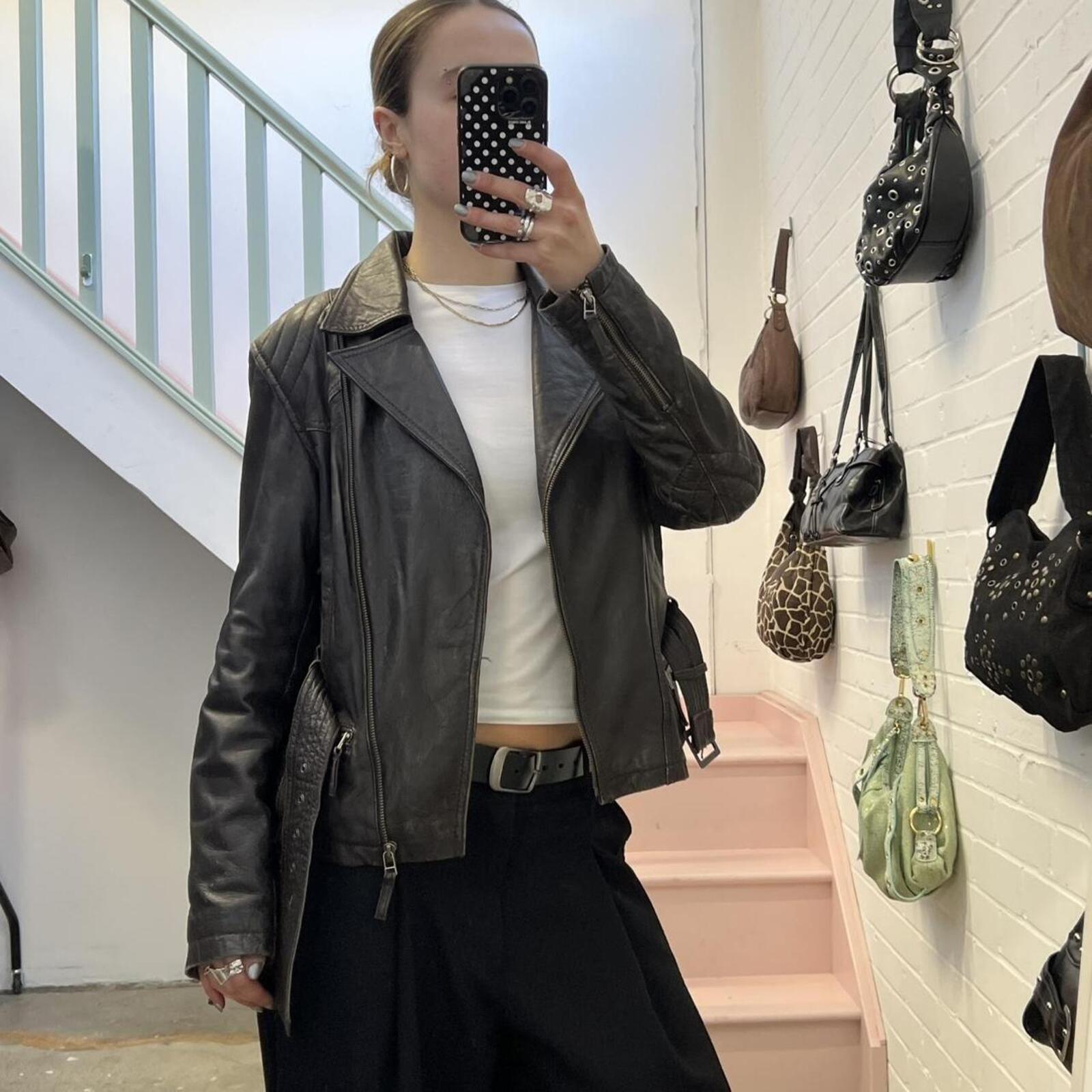 street one dark brown leather zip up vintage biker jacket