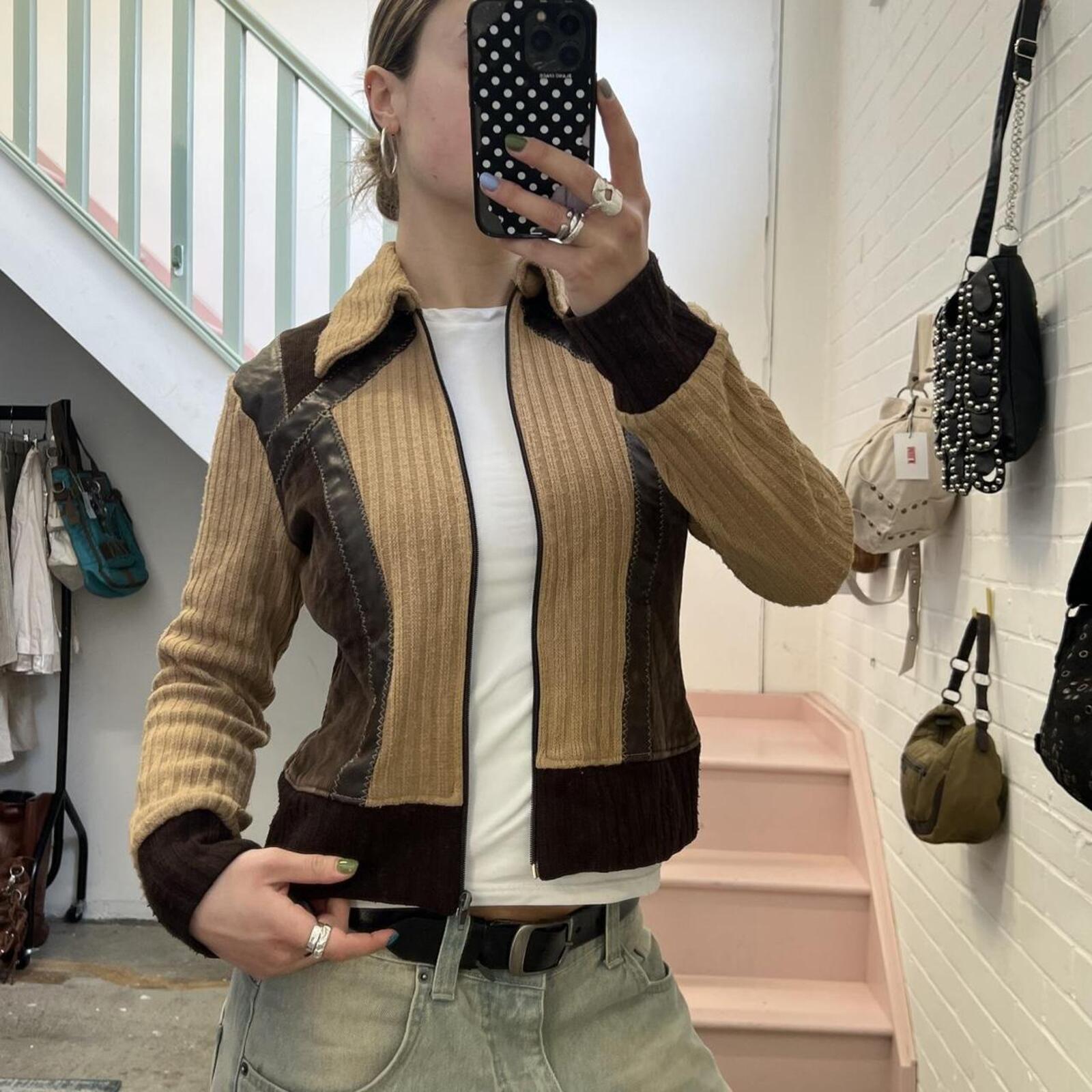 Cream and brown patchwork knitted zip up vintage sweater