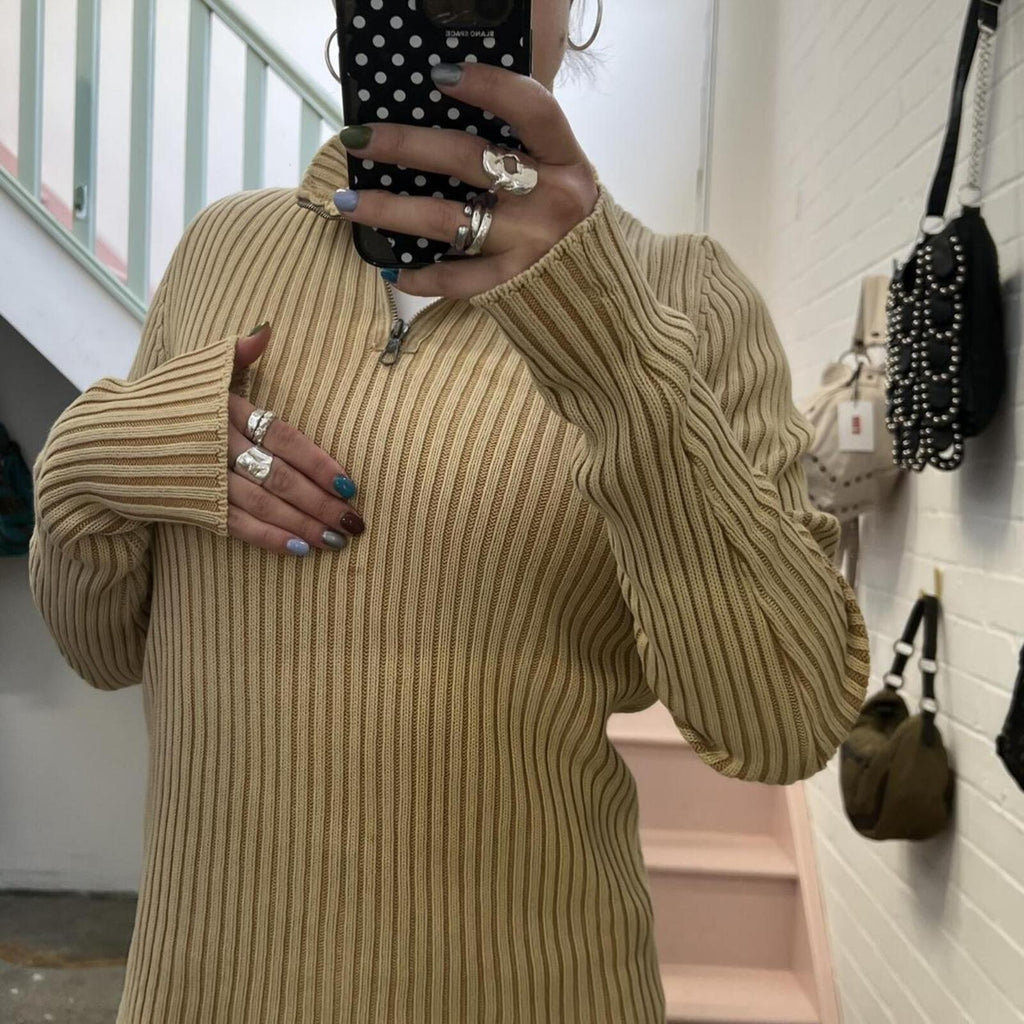 cream knitted high neck 1/4 zip ribbed vintage sweater with number print on sleeve