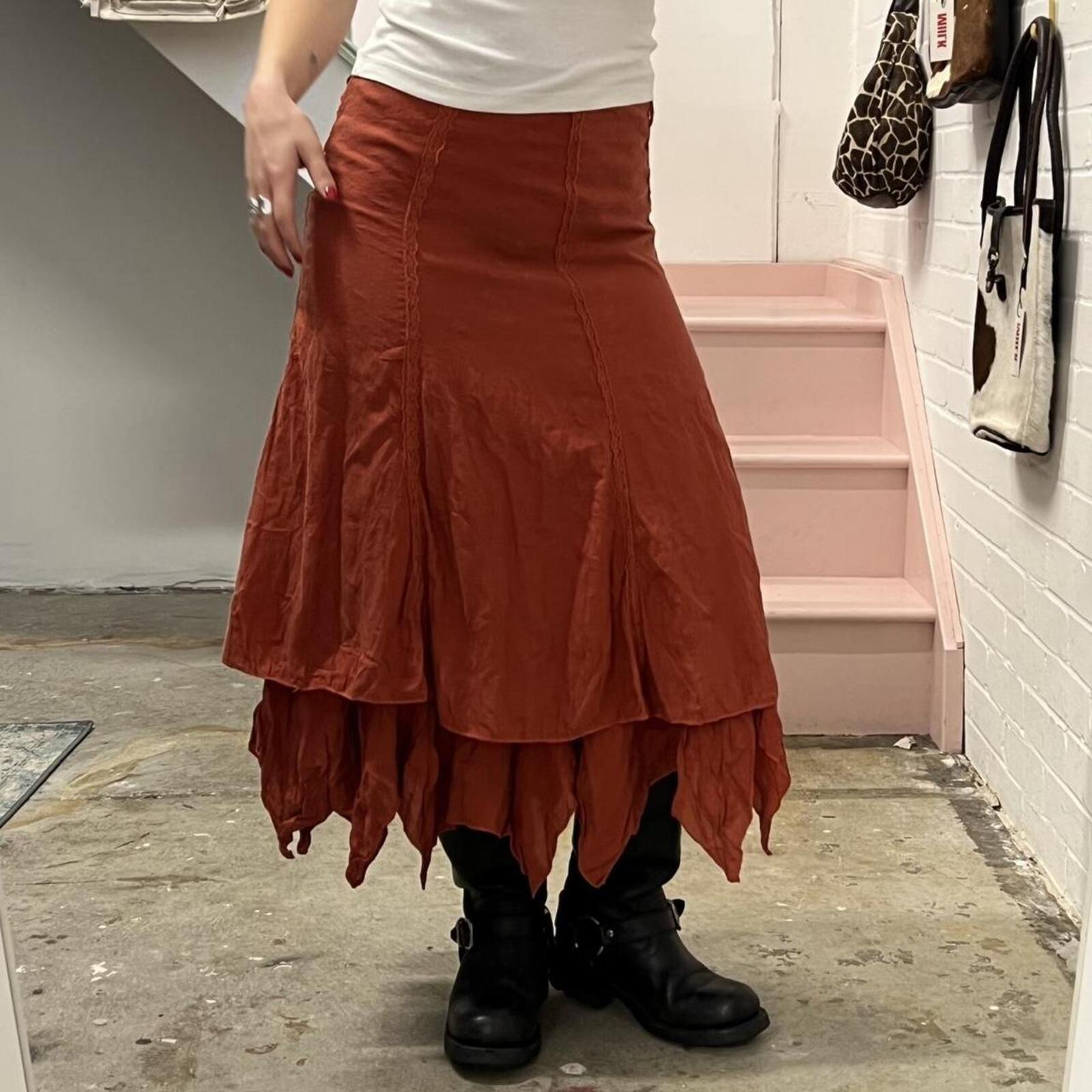 Burnt orange layered vintage asymmetrical fairycore maxi skirt