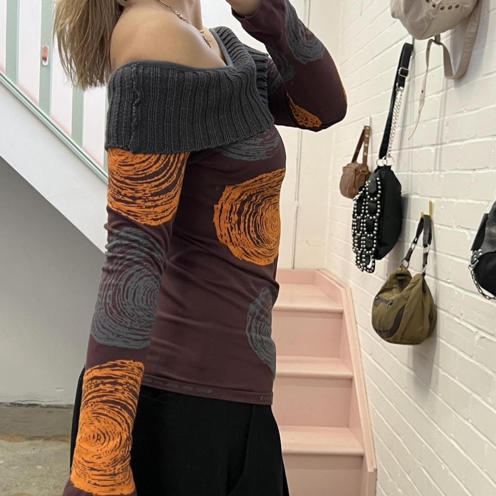Desigual purple orange and grey off shoulder polka dot printed fitted vintage top