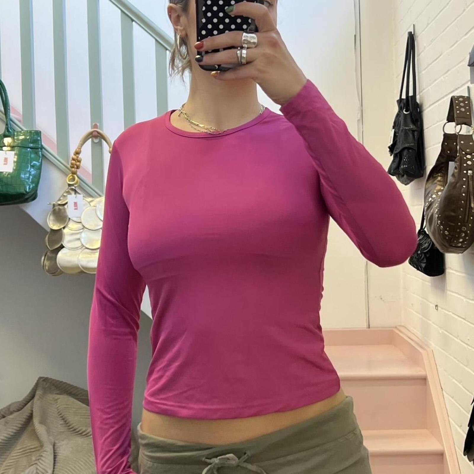 fuchsia hot pink fitted long sleeve slinky top