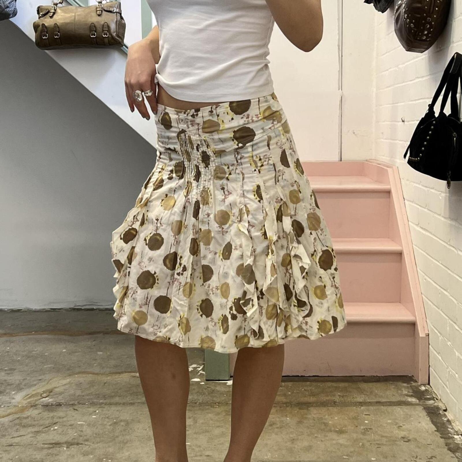 cream and brown polka dot ruffle midi skirt