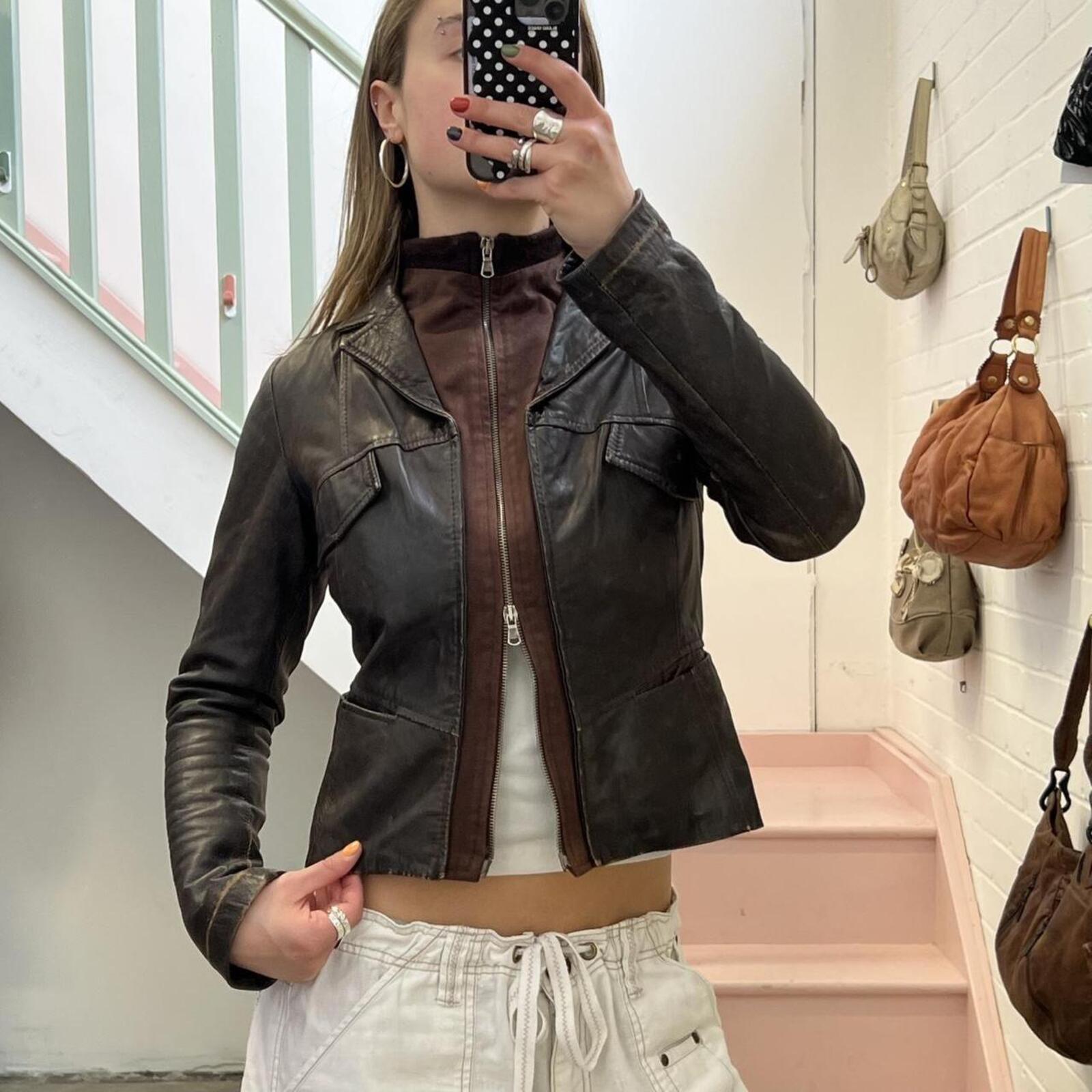 Dark brown leather zip up layered fitted vintage jacket with dual zip