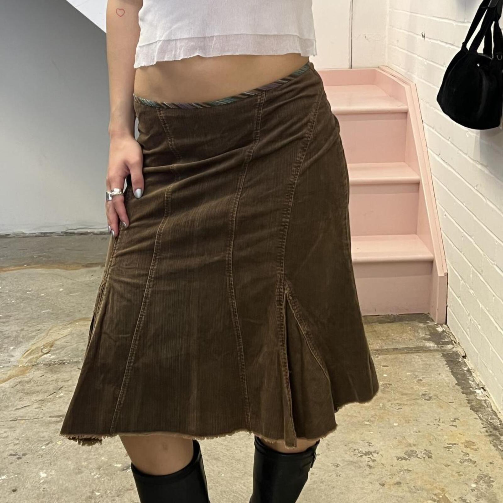 brown corduroy fitted flared vintage midi skirt