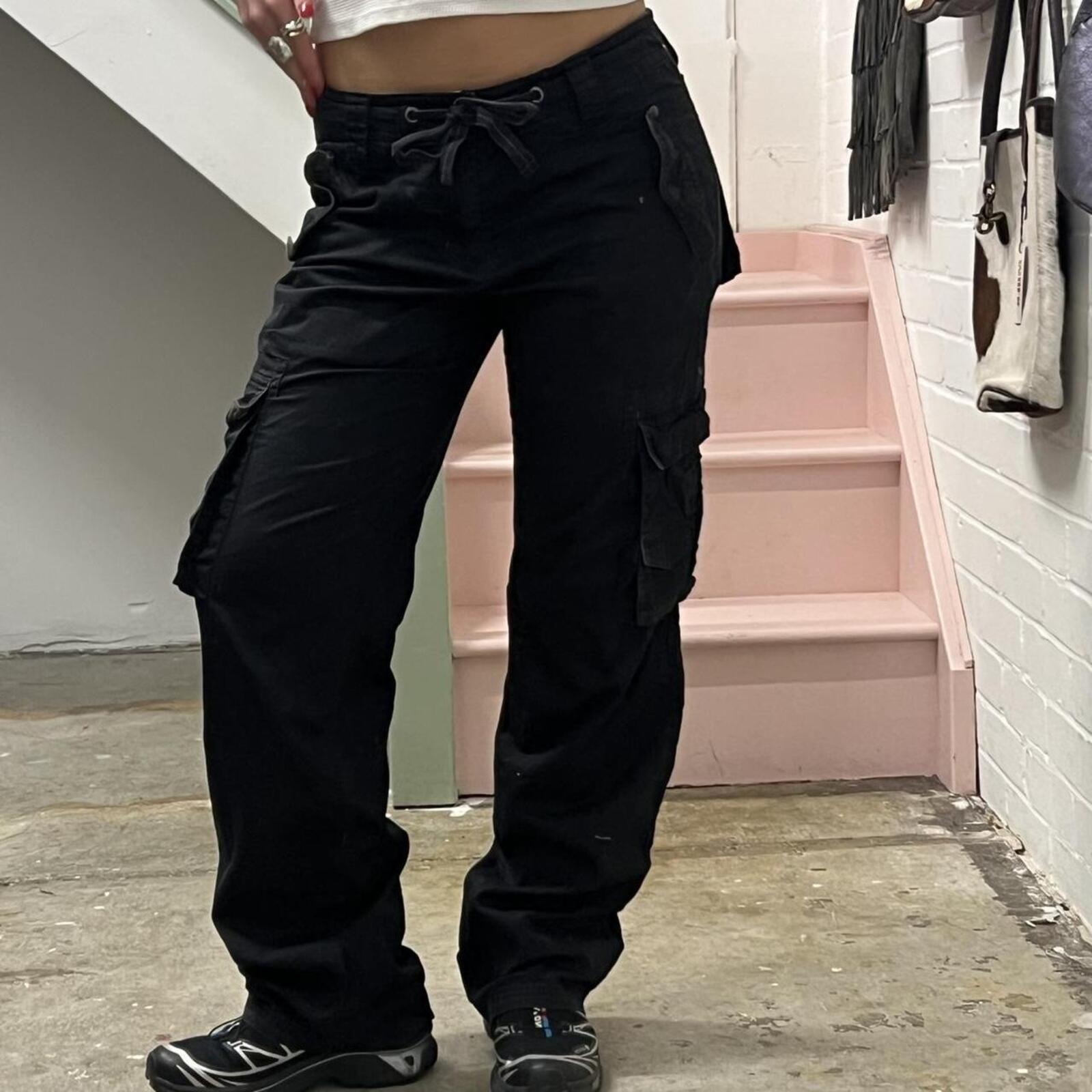 Black wide leg low rise vintage cargo trousers with tie waist