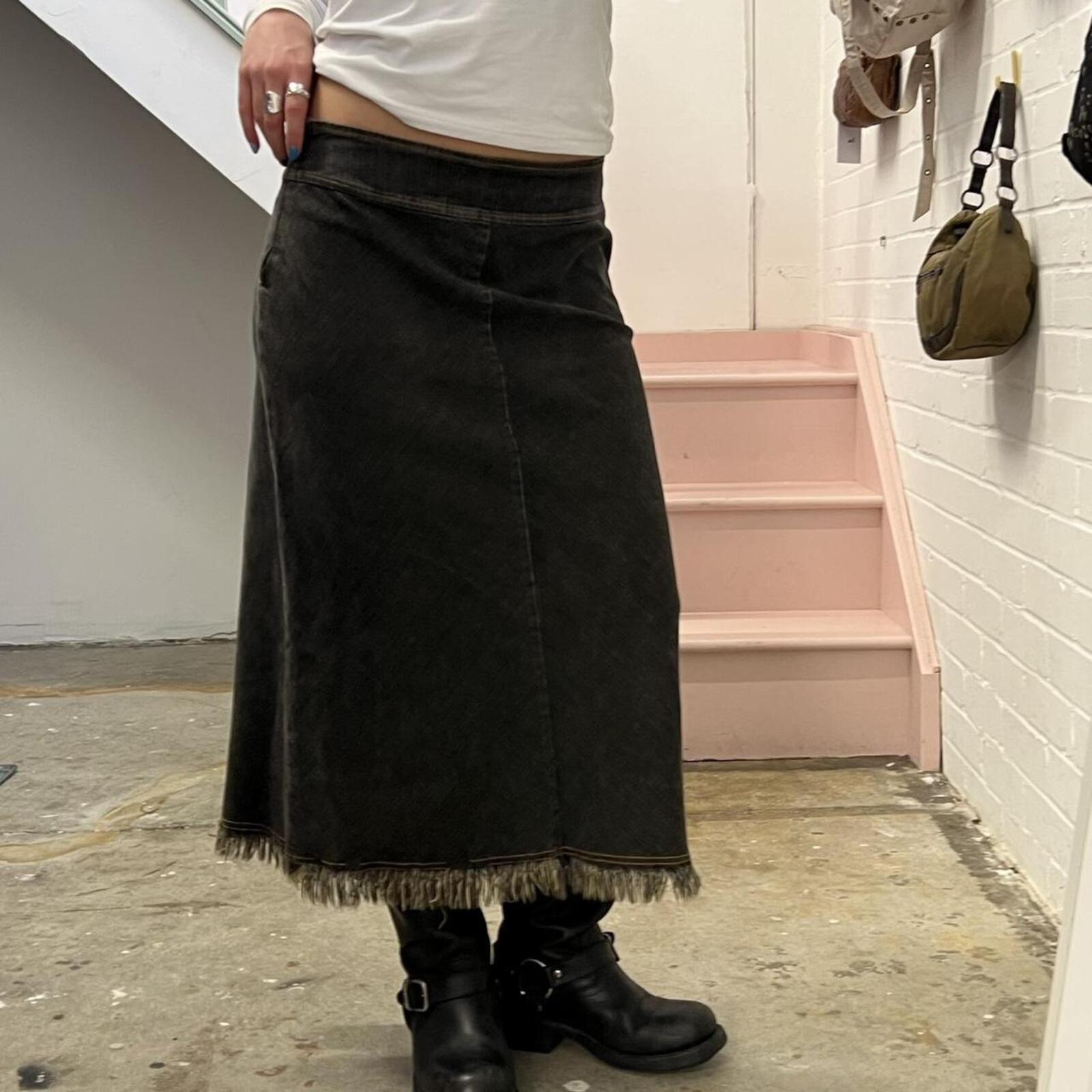 grey black denim low rise distressed maxi skirt