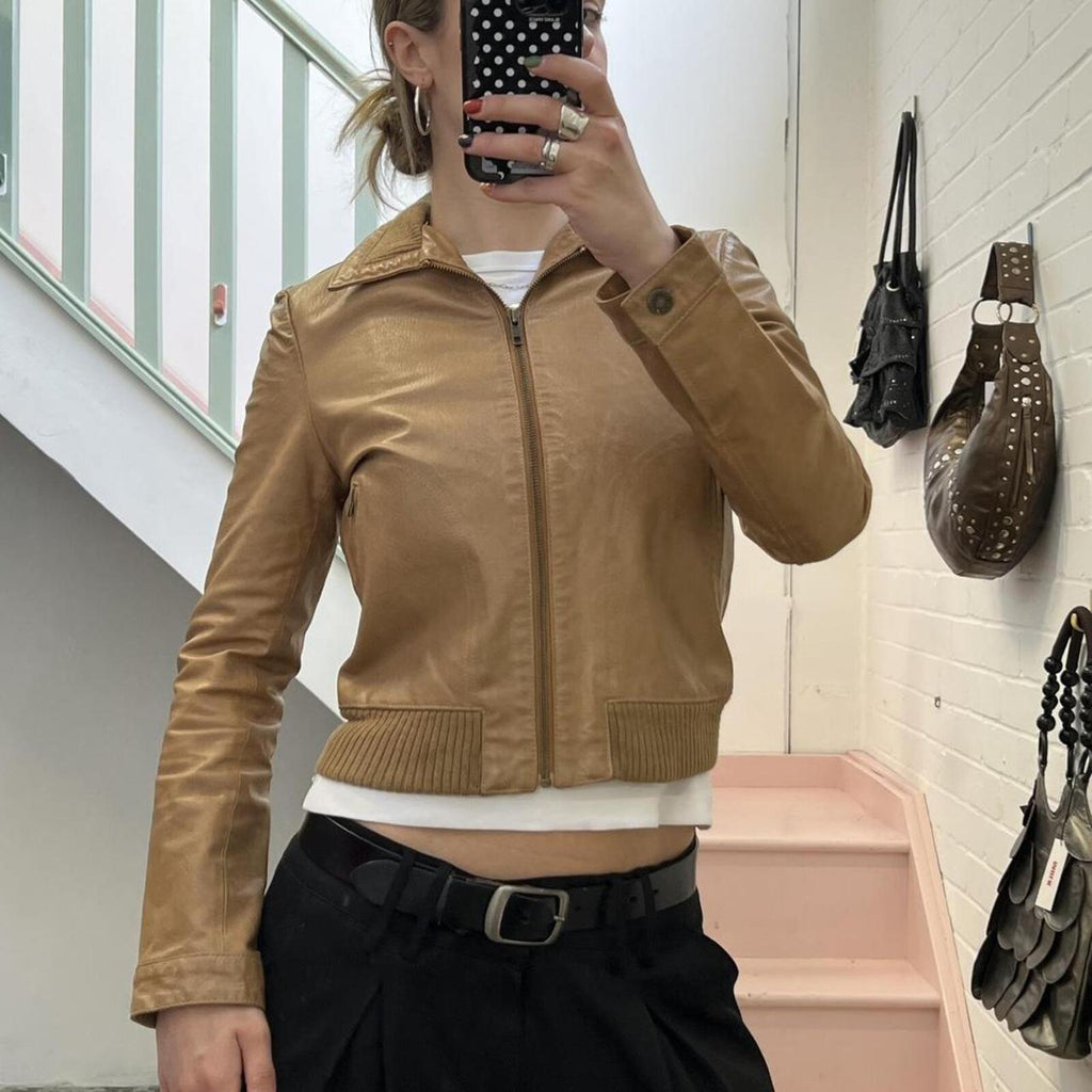Tan brown real leather zip up fitted bomber jacket