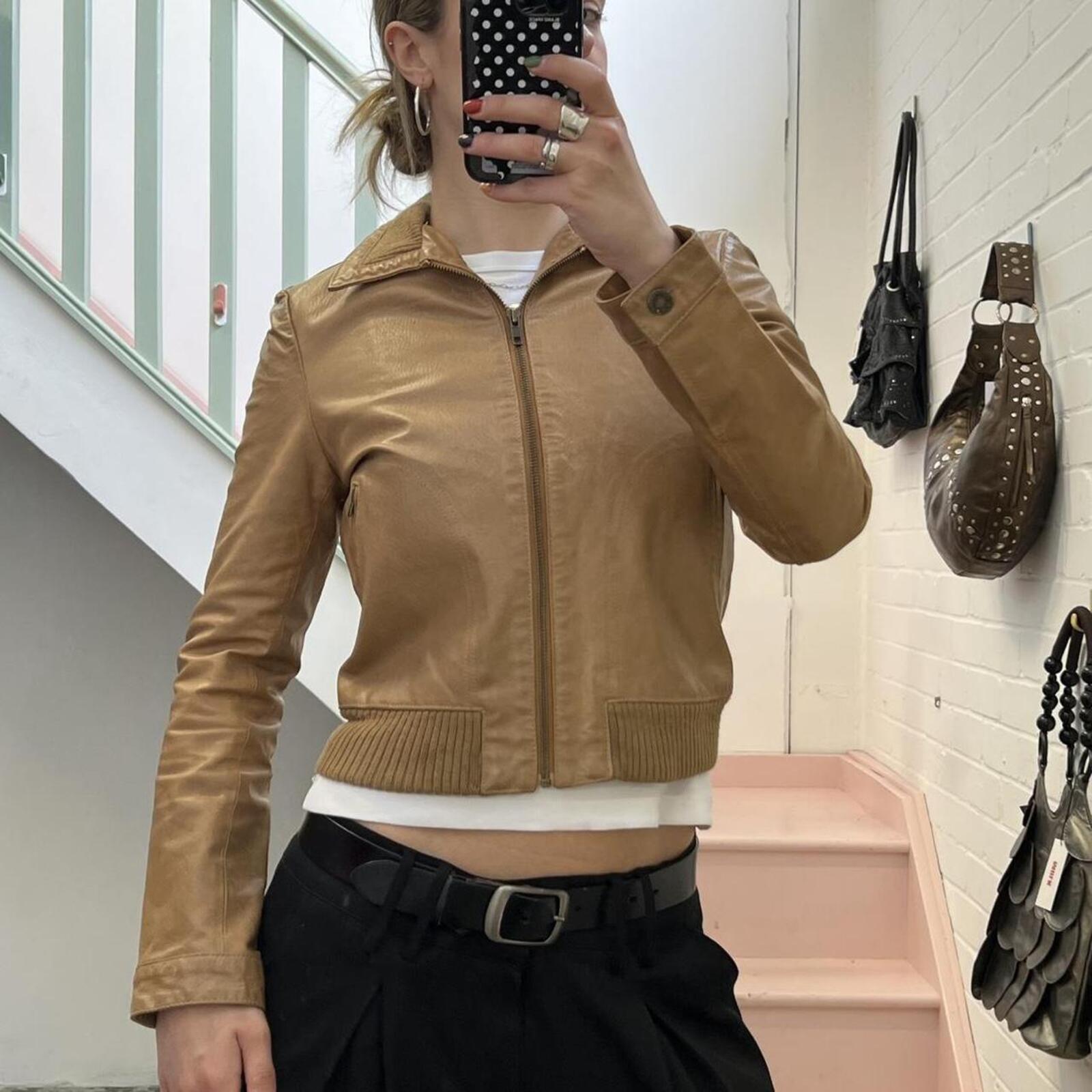 Tan brown real leather zip up fitted bomber jacket