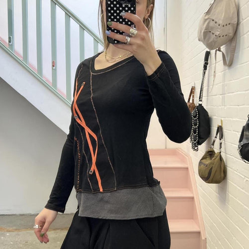 black and orange utility style long sleeve vintage top with contrast stitching