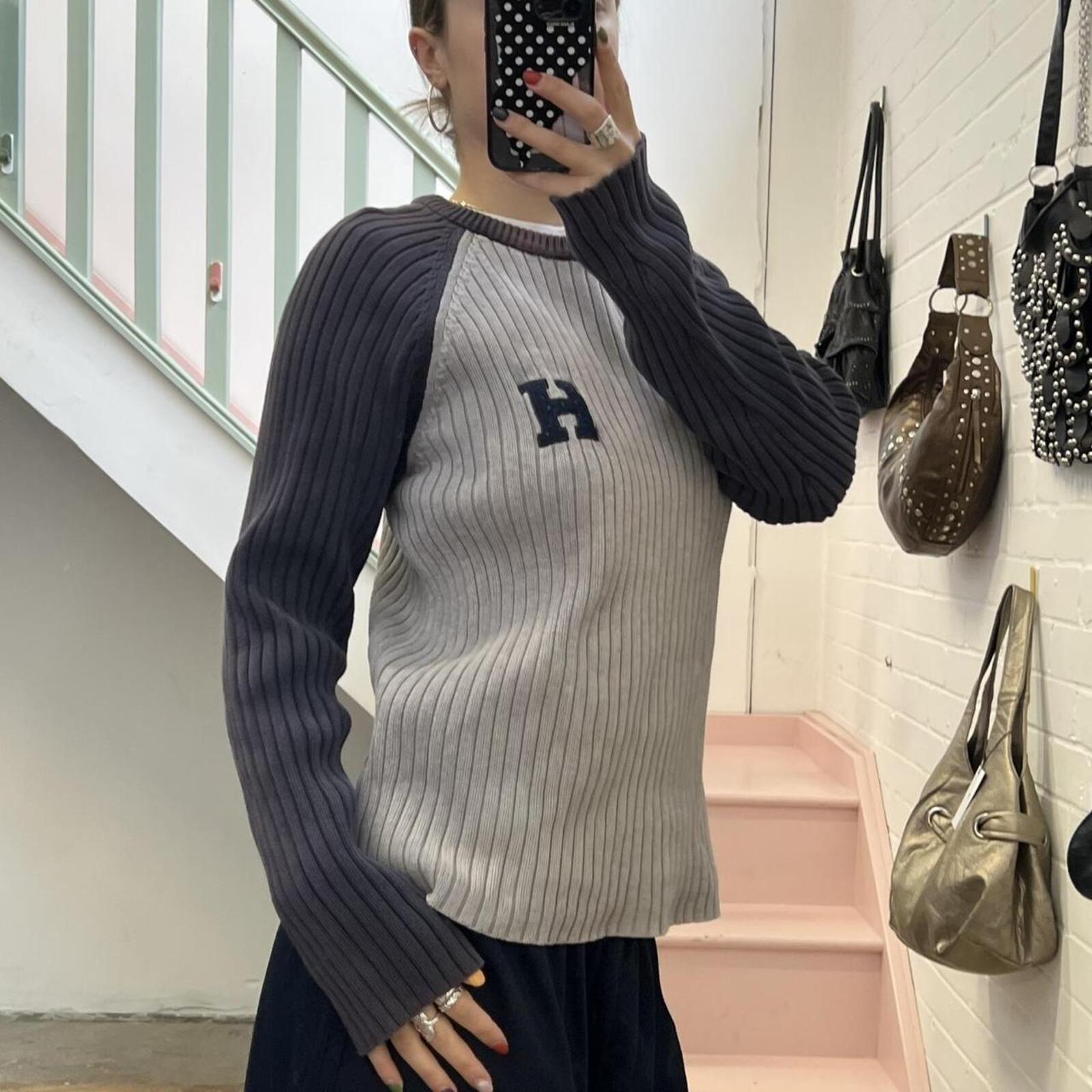 tommy hilfiger grey and navy ribbed chunky knit sweater
