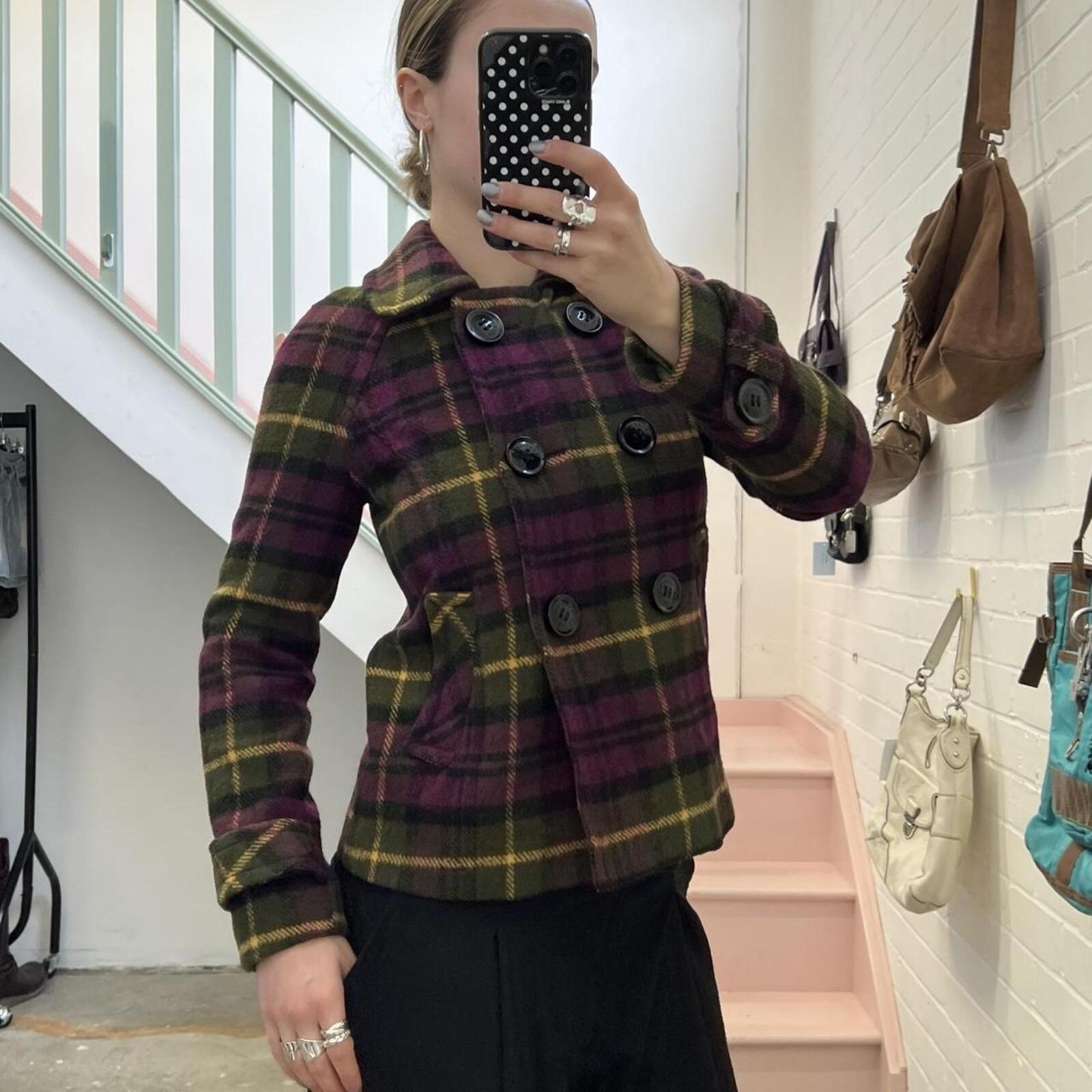 purple and green checkered gingham button up wool peacoat