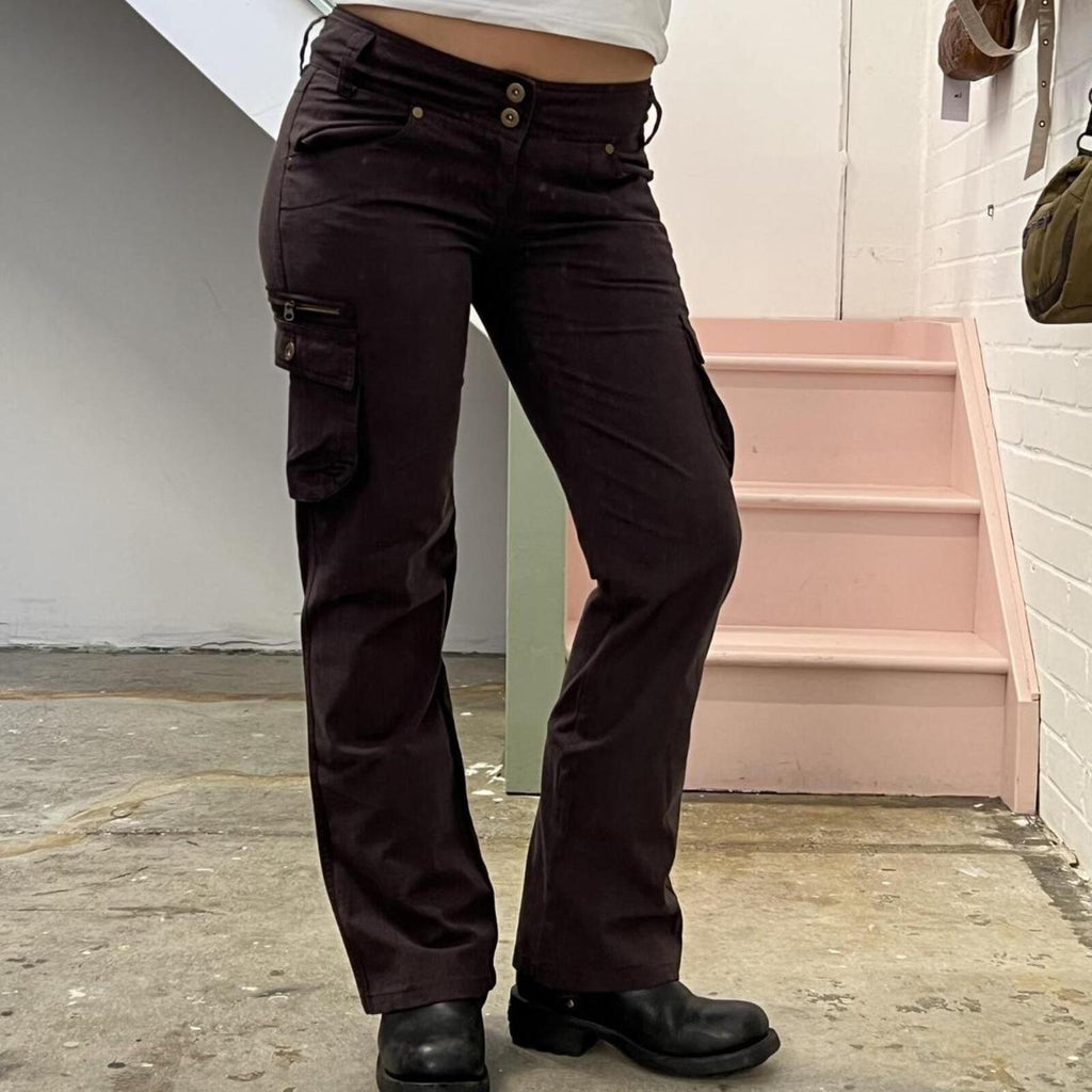Brown checkered low rise straight leg tailored vintage embroidered trousers