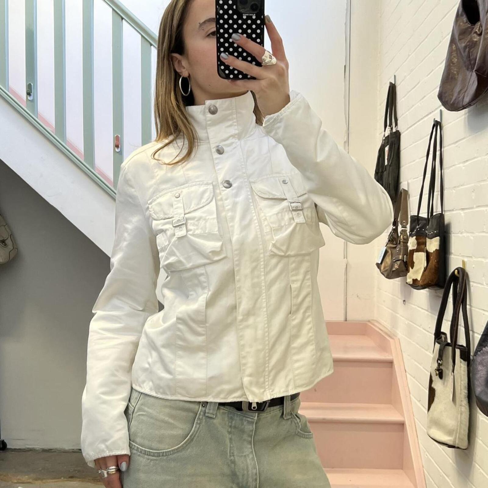 Benetton white zip up belted utility biker jacket