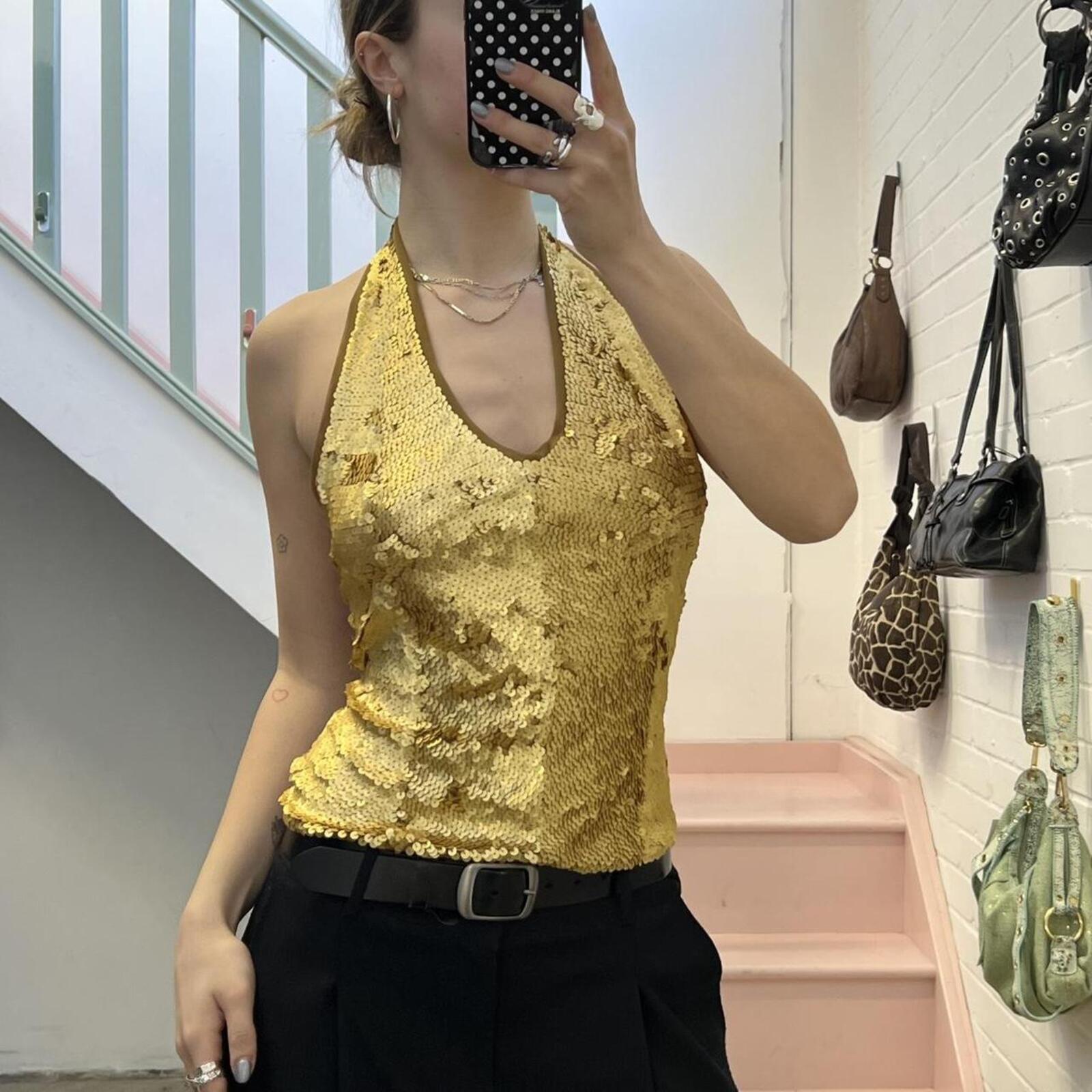 Gold sequin embellished halterneck vest
