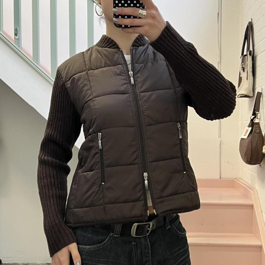 brown vintage padded sweater with lambs wool knitted sleeves and dual zip