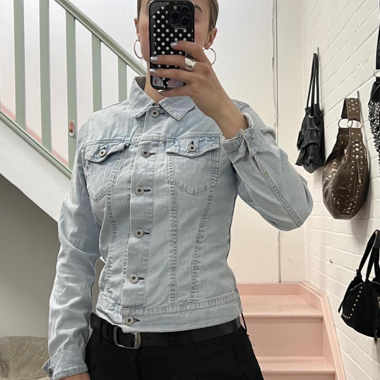 Baby blue light wash fitted button up denim jacket