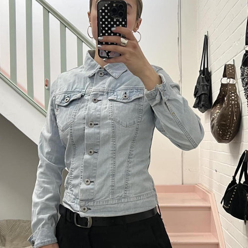 Baby blue light wash fitted button up denim jacket
