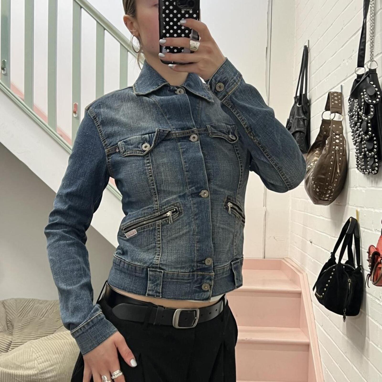 Navy button up utility style fitted vintage denim jacket