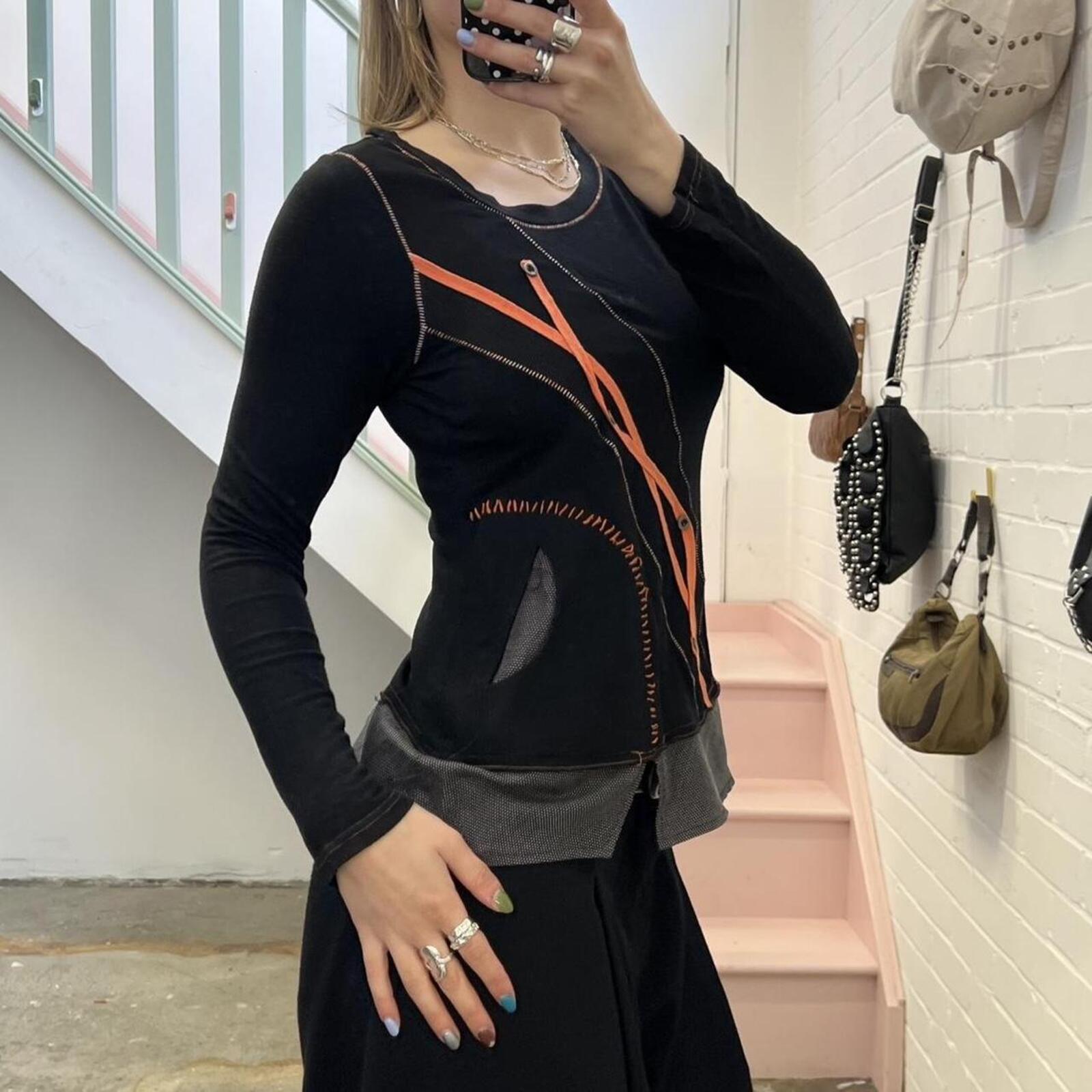 black and orange utility style long sleeve vintage top with contrast stitching