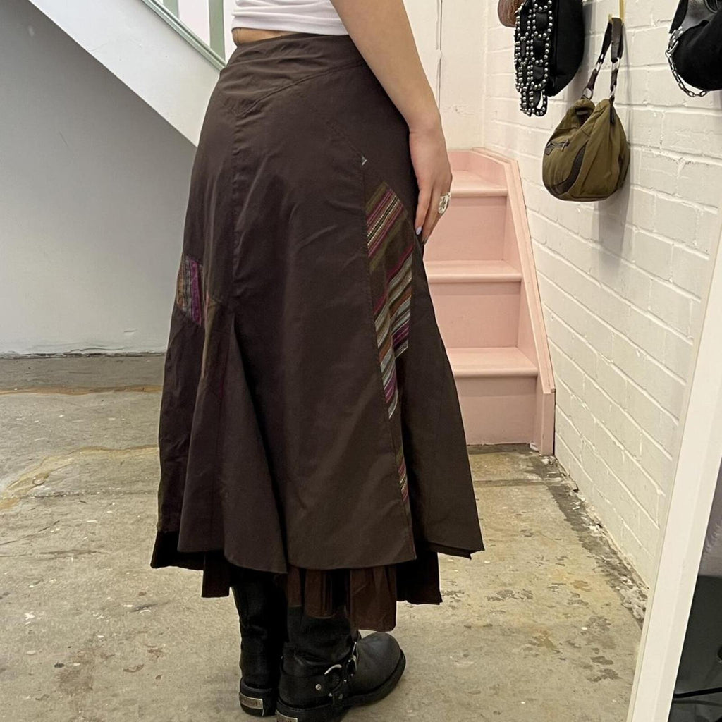 Promod brown layered cargo vintage maxi skirt with stripe patchwork detail