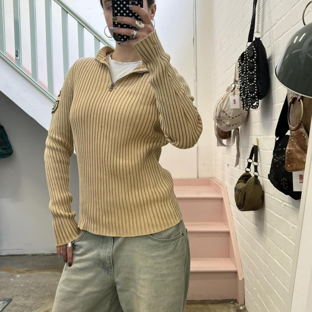 cream knitted high neck 1/4 zip ribbed vintage sweater with number print on sleeve