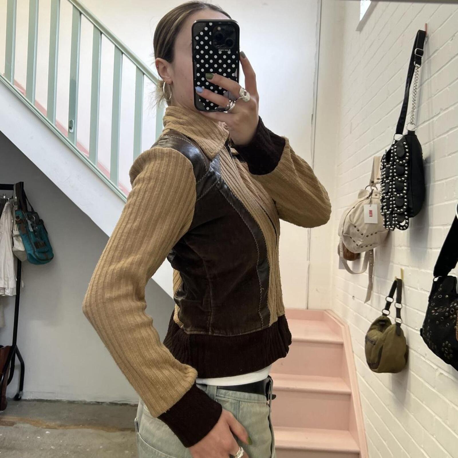 Cream and brown patchwork knitted zip up vintage sweater