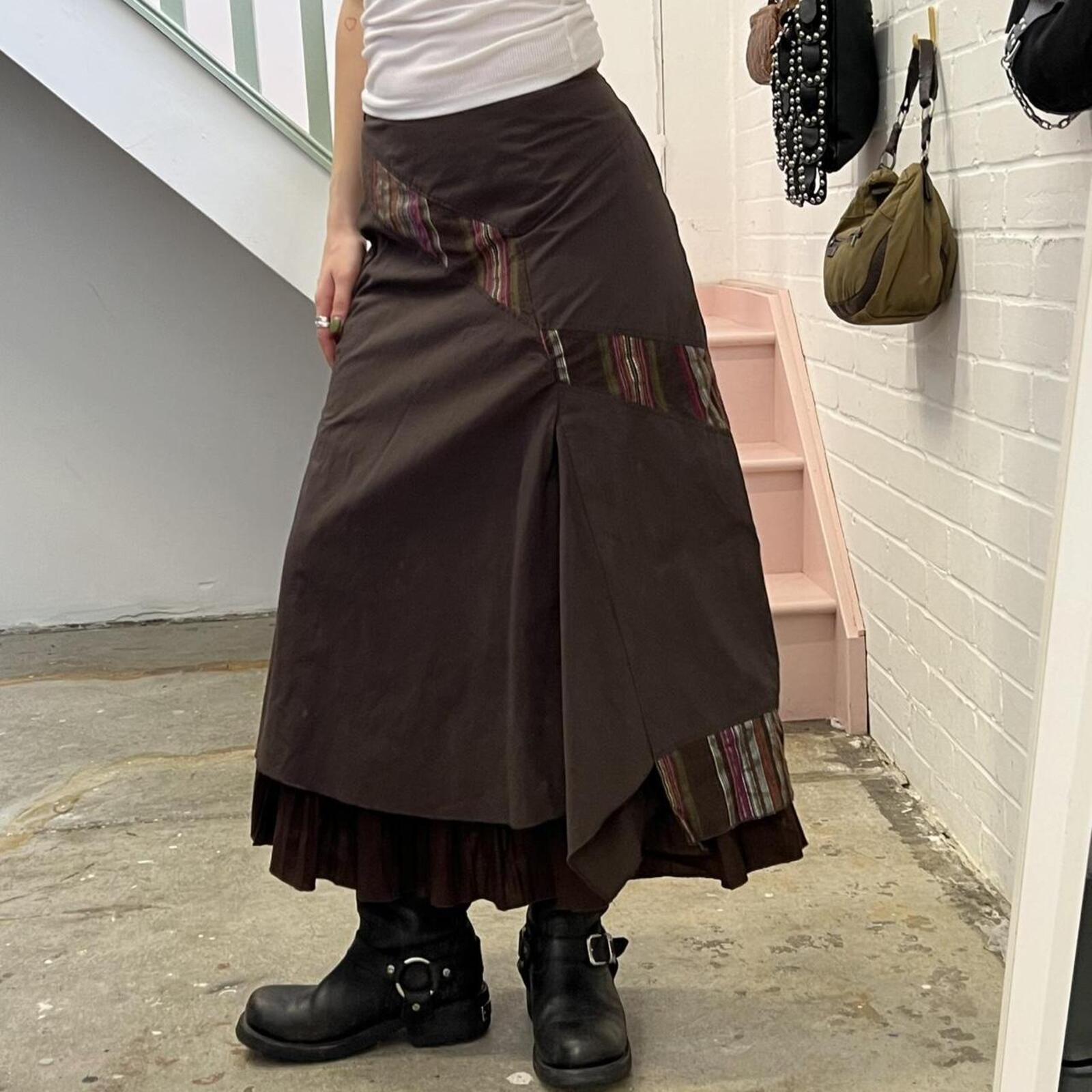 Promod brown layered cargo vintage maxi skirt with stripe patchwork detail
