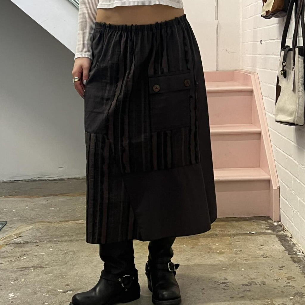 brown utility style striped vintage midi skirt with button detail