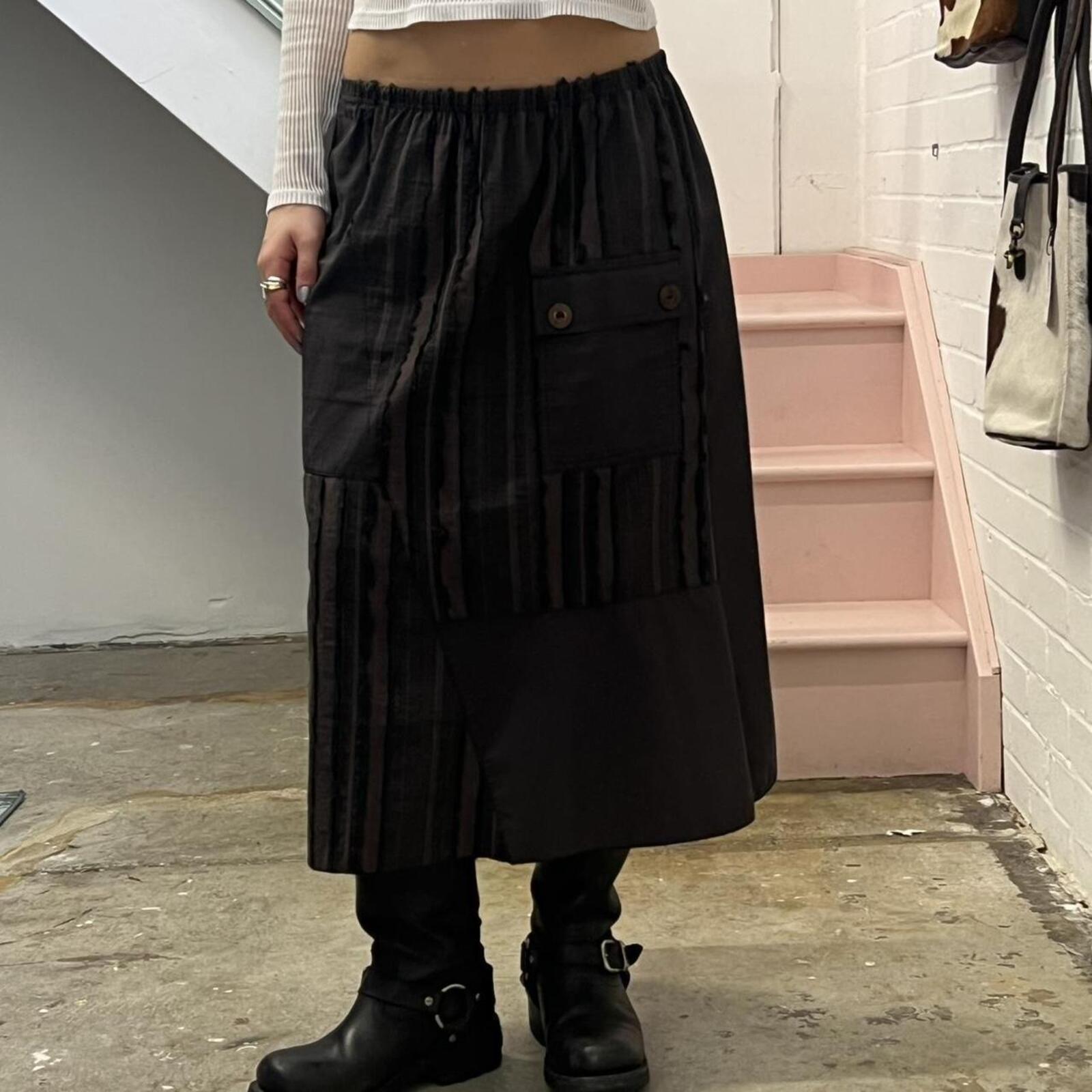 brown utility style striped vintage midi skirt with button detail